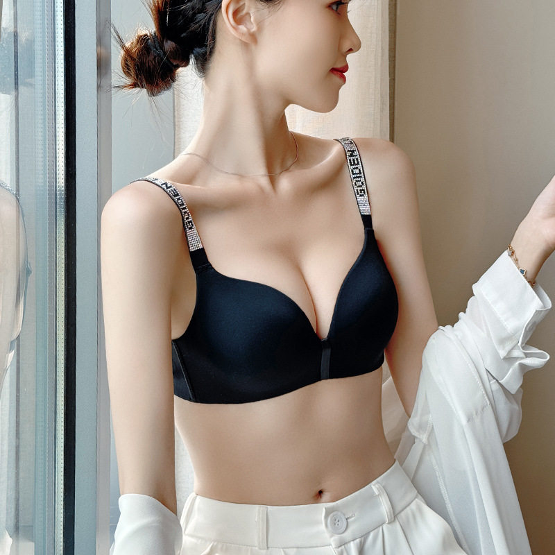 秘诗皙迪性感带闪钻肩带无痕内衣女小胸聚拢薄款一体杯文胸套装夏