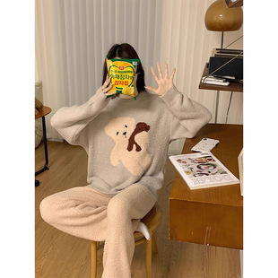 可爱小熊珍贝绒睡衣女款秋冬款珊瑚绒冬季休闲可爱家居服外穿