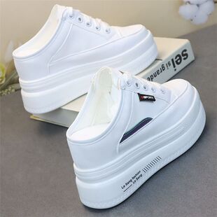 小个子潮流无后跟懒人包头拖鞋 外穿拖 增高显瘦10cm系带休闲小白鞋