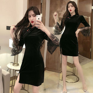 改良旗袍小个子秋冬新款时尚少女丝绒复古黑色开叉性感蕾丝连衣裙