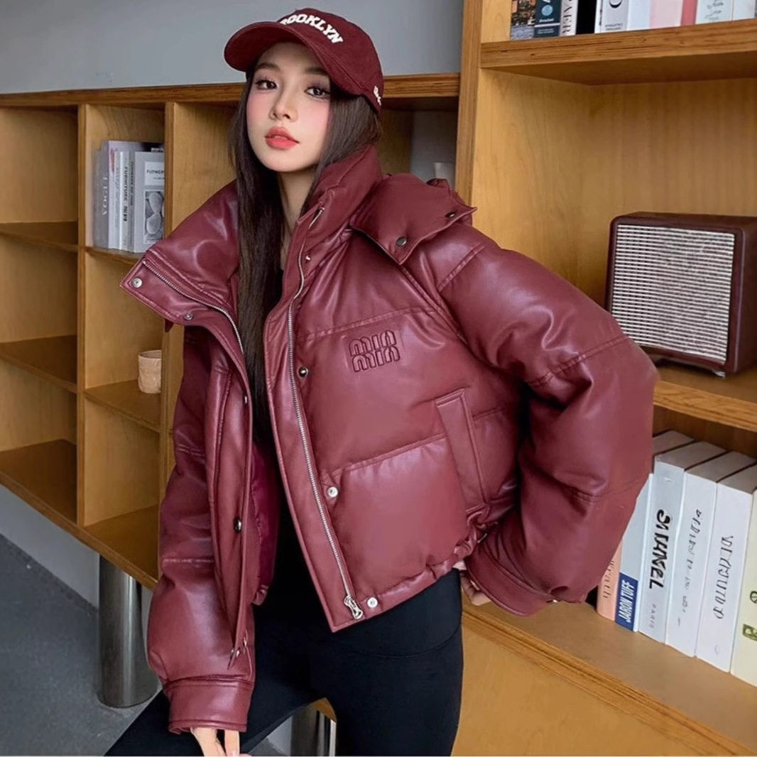 安可拉红pu服女冬季短款