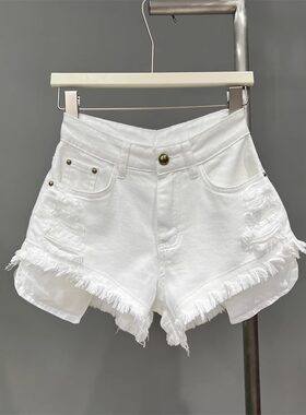 弹力棉白色牛仔短裤女欧美风重工钉珠蕾丝小花朵毛边休闲裤热裤子