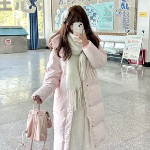 粉色中长款过膝服女款深冬季加厚加长夹棉外套棉袄