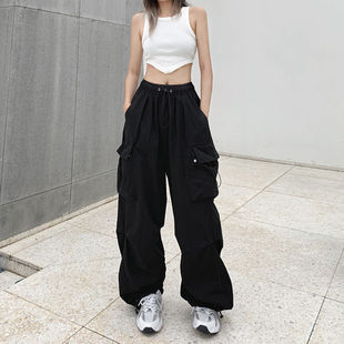 工装裤女夏季美式降落伞裤子高腰阔腿休闲束口运动裤潮