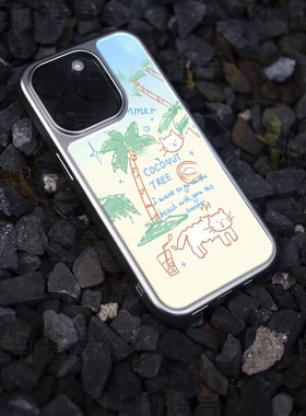 夏日椰猫电镀玻璃黑框磨砂手机壳适用苹果iphone17promax华为华为MATE60PROPLUS小米15ULTRA小米17PROMAXVIVO