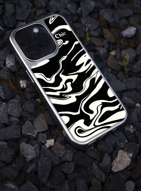 黑白抽象图电镀玻璃黑框磨砂手机壳适用苹果iphone17promax华为OPPORENO12华为PURA80PROPLUS华为MATE70PROPL