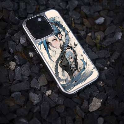 蓝发双辫电镀玻璃黑框磨砂手机壳适用苹果iphone17promax华为OPPORENO12华为PURA80ULTRA小米17PROMAX华为MAT