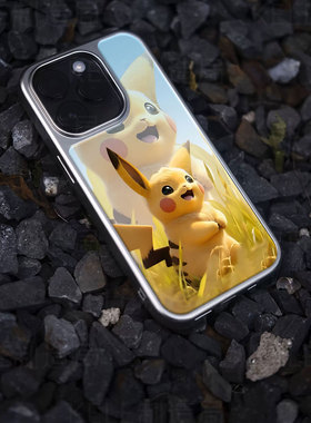 皮卡丘伙伴电镀玻璃黑框磨砂手机壳适用苹果iphone17promax华为小米17PROMAX华为P60PROOPPOFINDX8PRO小米15P