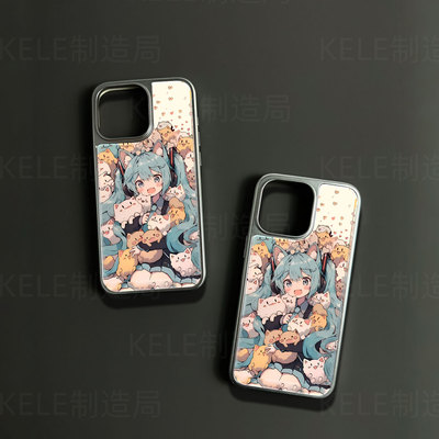 初音萌猫电镀玻璃黑框磨砂手机壳适用苹果iphone17promax华为OPPORENO13VIVOX200PROMINI荣耀300PRO小米17PRO