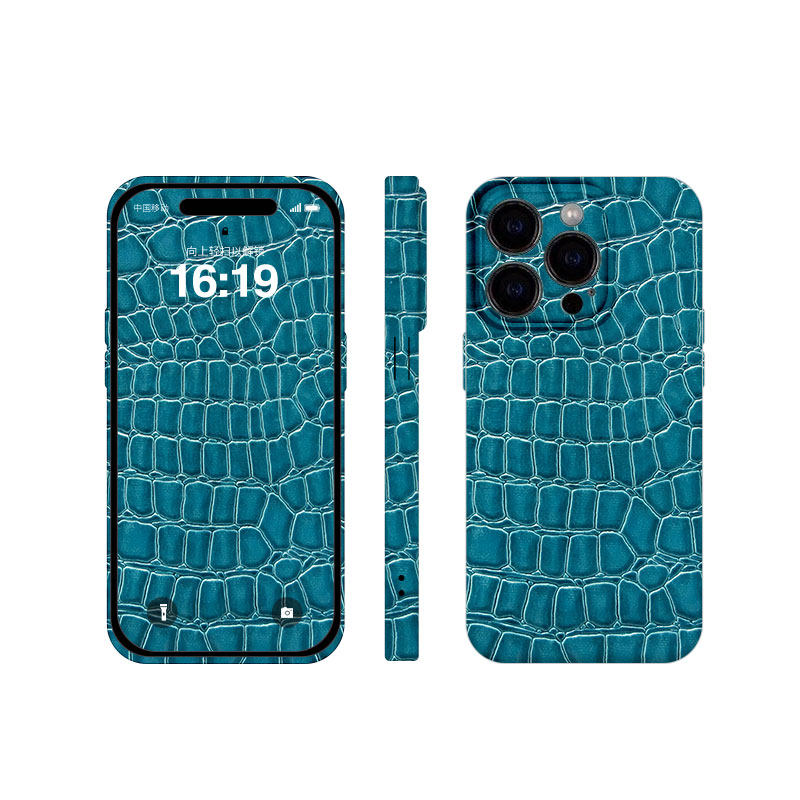 蓝绿色鳄鱼皮纹理菲林软硬壳二合一小众不撞壳适用苹果华为荣耀vivooppo小米iphone16亮面磨砂手机壳保护套