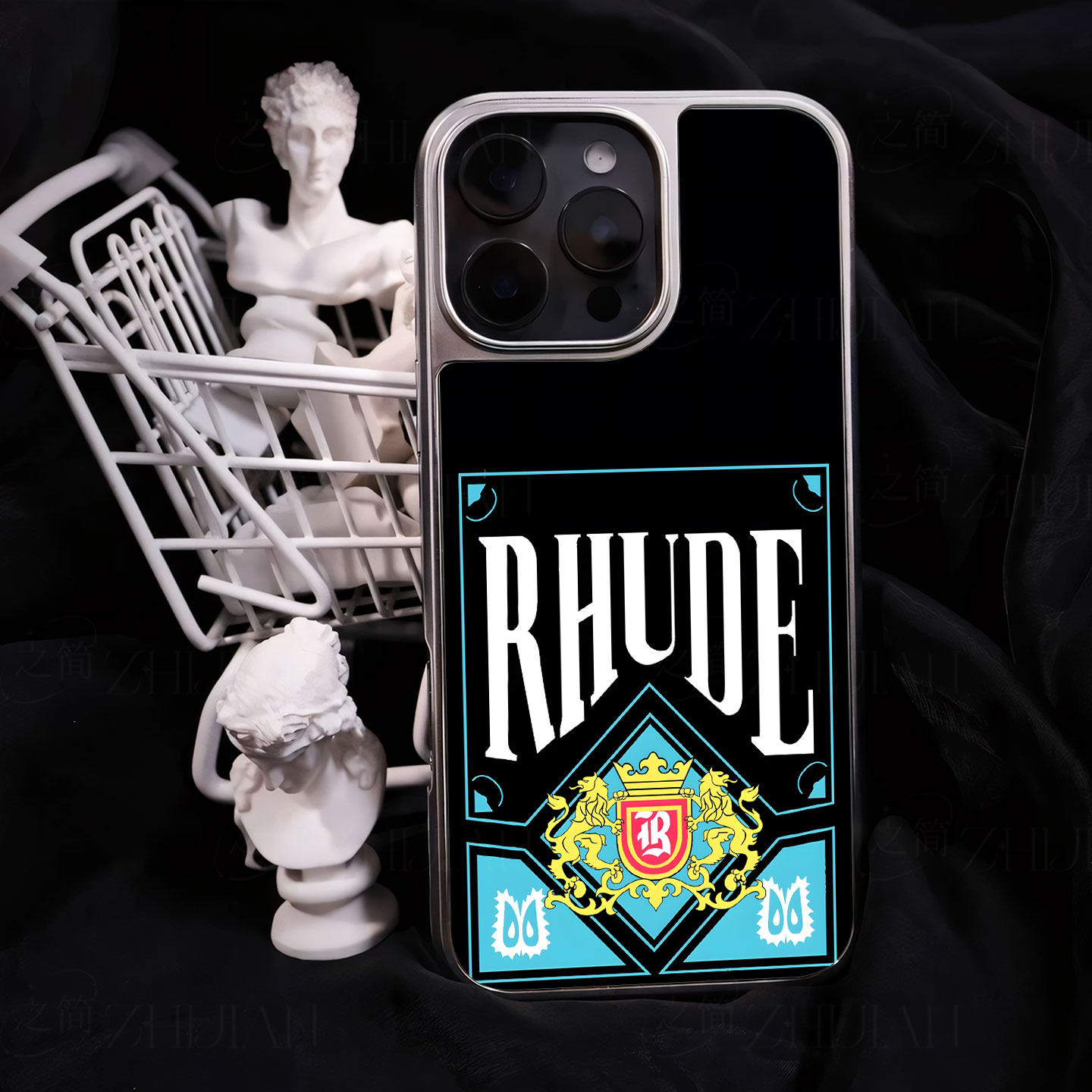 RHUDE徽章手机壳大孔电镀黑框碳纤维二合一玻璃适用苹果17promax华为MATE60PROPLUS小米17PROMAXMATE50PRO小