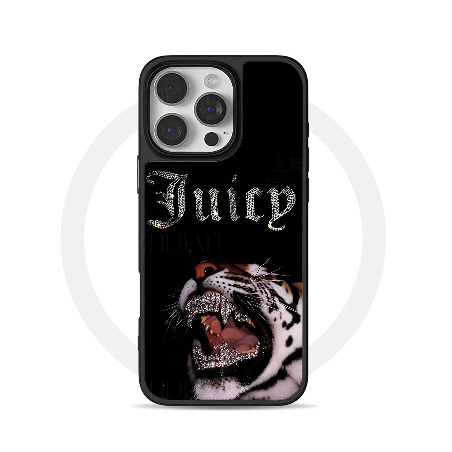 Juicy镶钻猛虎大孔黑框玻璃磨砂磁吸碳纤纹手机壳适用苹果iphone17promax华为MATE70PRO小米15PROP60PROP70UL