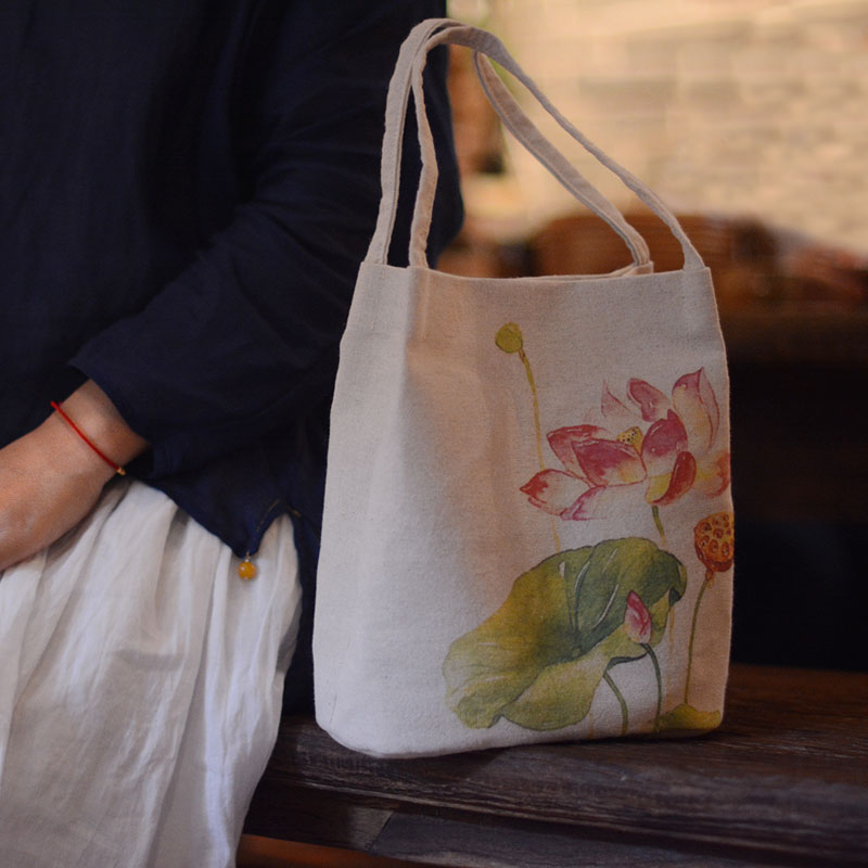 女包水云瓶水桶布包棉麻手绘