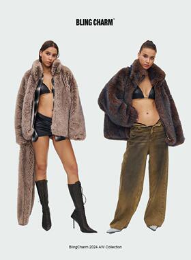 BlingCharm*冬季环保皮草保暖拉链立领高级辣妹时髦质感宽松外套