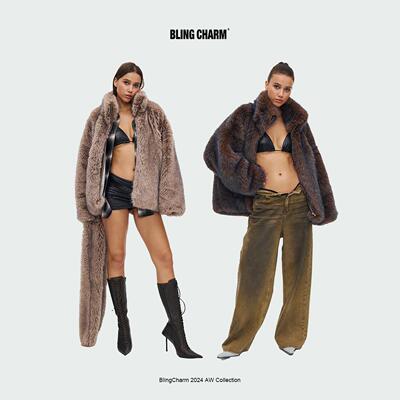 BlingCharm*冬季环保皮草保暖拉链立领高级辣妹时髦质感宽松外套