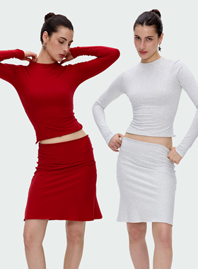 BlingCharm*休闲小圆领卷边纯色简约打底上衣显瘦低腰A字中裙套装