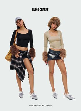 BlingCharm*大U领拼接毛袖透视羊毛打底基础长袖T恤针织上衣女