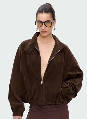 BlingCharm*慵懒休闲麂皮复古宽松阔型拉链棕色短款教练夹克外套