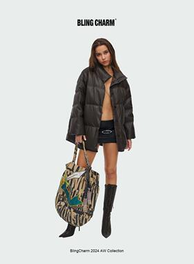 BlingCharm*冬季保暖立领高级时髦质感宽松PU皮白鸭绒羽绒服外套