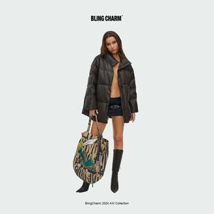 BlingCharm*冬季保暖立领高级时髦质感宽松PU皮白鸭绒羽绒服外套
