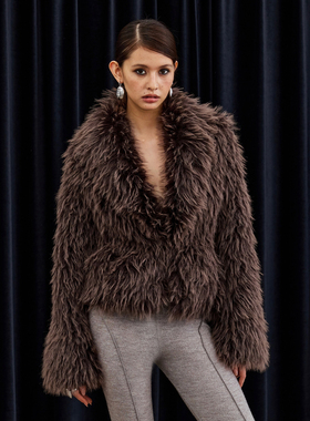 BlingCharm*时髦简约环保皮草毛毛收腰V领夹克喇叭袖短款保暖外套