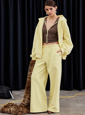 BlingCharm*重磅休闲宽松拉链加绒阔型连帽卫衣外套微喇长裤套装