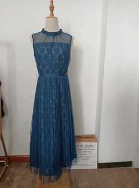 日本原infine夏季新款圆领无袖气质熟女蕾丝雪纺百褶连衣裙