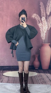 日单纯元针织复合面料中袖毛呢短款外套 气质圆领