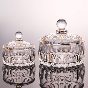 高档轻奢描金糖果罐水晶玻璃糖盒带盖糖缸家用客厅水果零食收纳盘