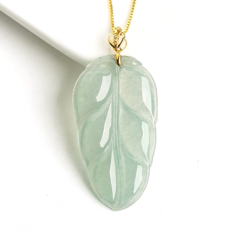 天然缅甸a货翡翠叶子吊坠18k黄金镶嵌冰种玉石挂件送朋友礼物饰品
