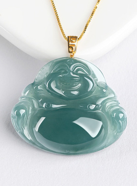 天然翡翠蓝水弥勒佛18k扣头挂件