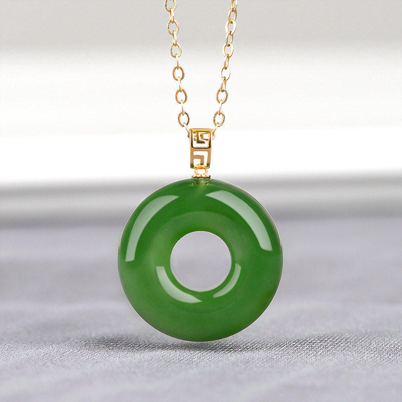 纯天然正品老料和田碧玉菠菜绿平安环时尚吊坠镶嵌18k扣头配证书