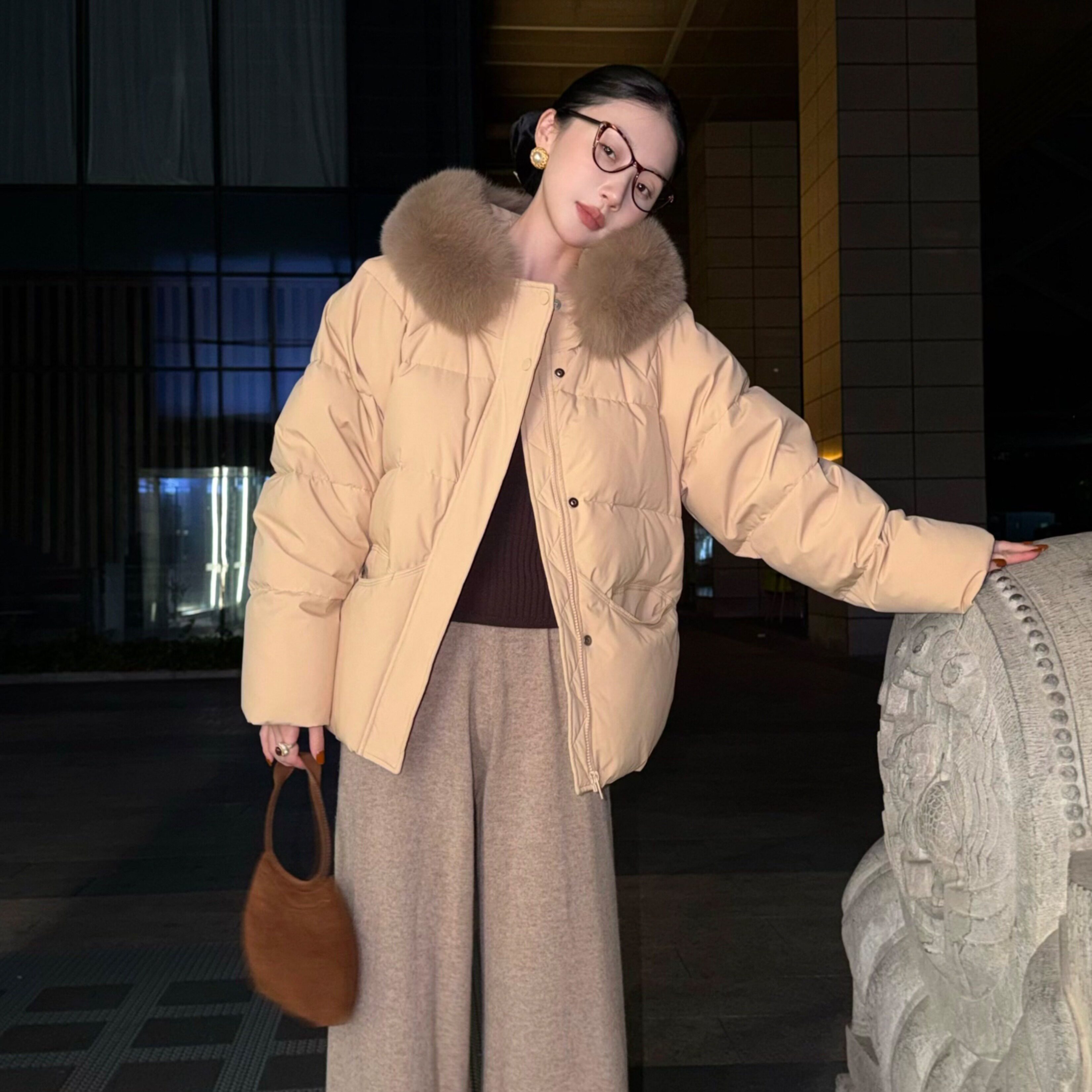 鹭鹭同款狐狸毛连帽短款棉服女