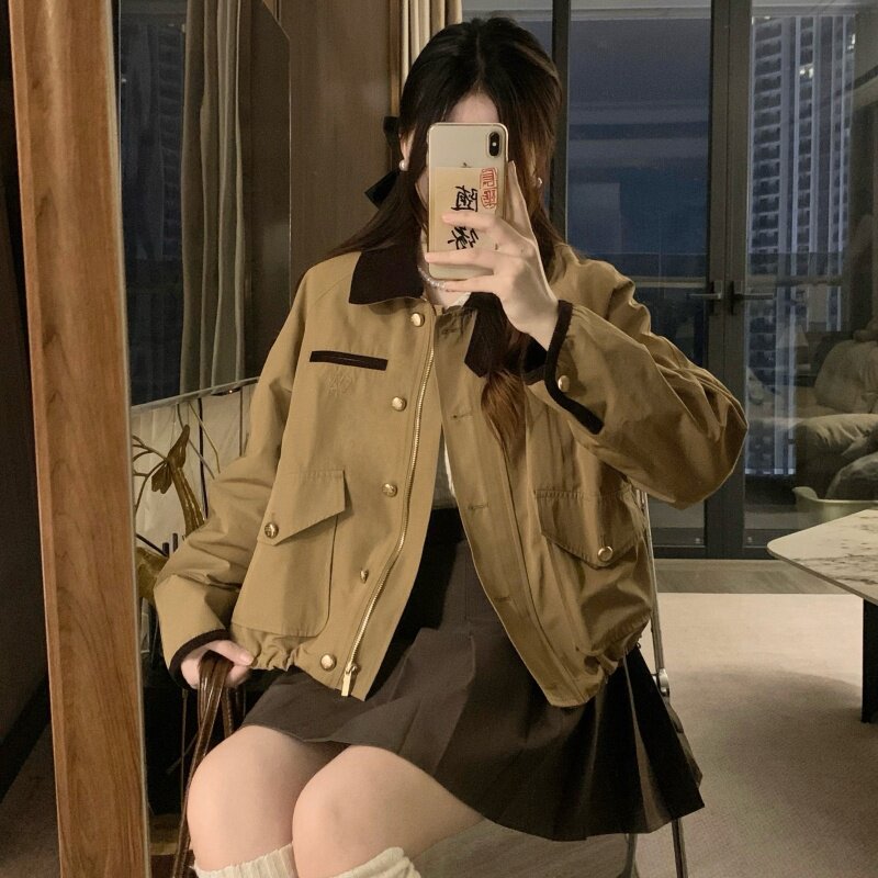 实拍赵露思同款复古撞色翻领夹棉外套女冬季爆款设计感夹克棉服潮