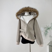 林秋楠同款 毛领条纹连帽卫衣外套女款 FDR秋季 独特上衣男chic长袖