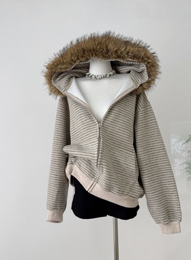 林秋楠同款 FDR秋季独特上衣男chic长袖毛领条纹连帽卫衣外套女款