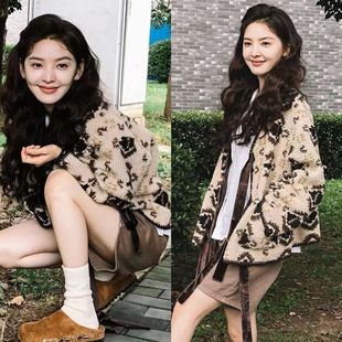 章若楠同款 女 高级复古图案蝴蝶结系带羊羔毛绒外套2025秋冬新款