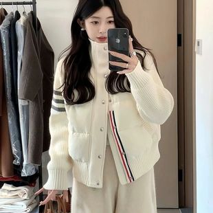 针织拼接羽绒棉服学院风外套潮 2025秋冬新款 同款 四道杠女短款
