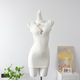 裙D25Q4140 纯欲性感深V贝壳修身 灰尘邓邓 白茶矢梦法式