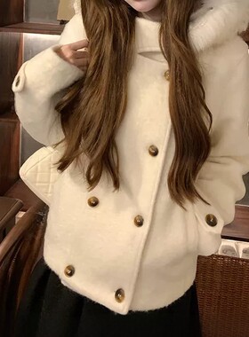 连帽毛呢短款羊毛大衣女冬