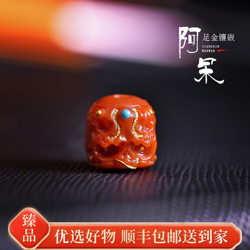 南红雕刻阿呆背云散珠足金镶嵌108颗金刚星月百香籽手串配饰