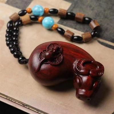 吉祥】小叶紫檀雕刻时来运转牛扭转乾坤手把件车载挂件工艺品文玩