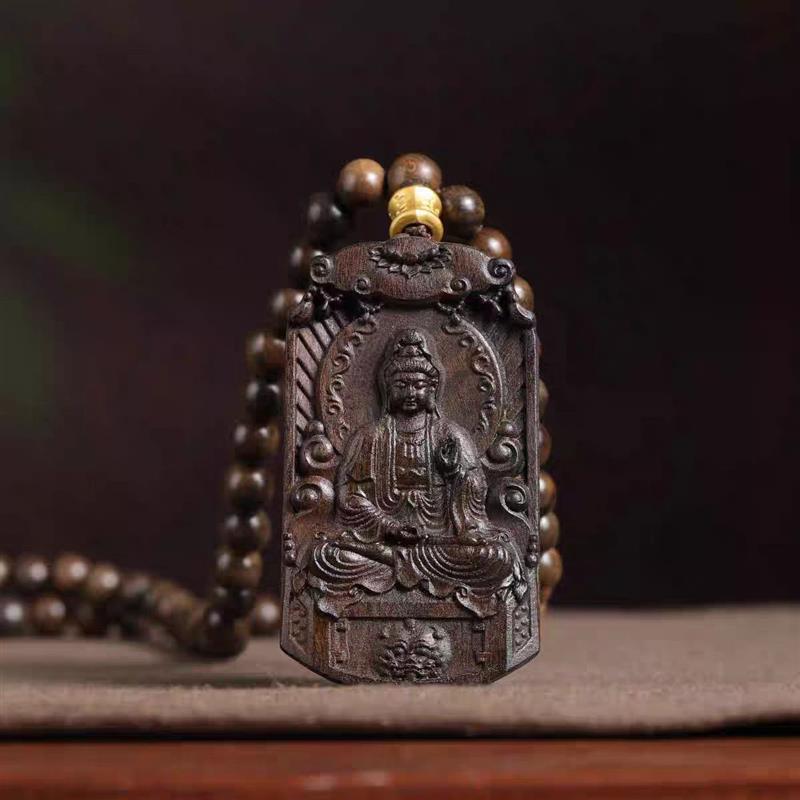 吉祥】沉香木雕刻莲花观音菩萨吊坠项链六字真言挂脖坠毛衣链佛牌