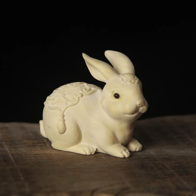 吉祥】黄杨木雕刻兔子摆件手把件木头生肖小白兔福兔家居装饰挂件