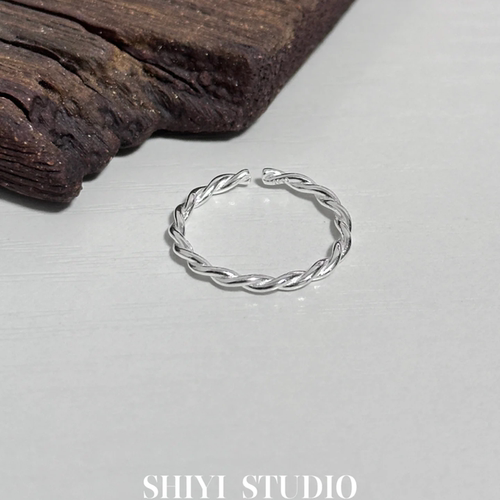 S925纯银【小麻花】双股简约百搭编织戒指女可调节开口指环时尚
