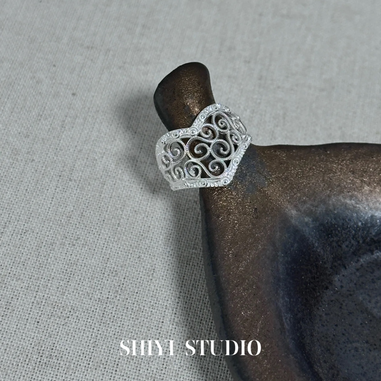 s925纯银【窗花】复古日系镂空花纹开口戒指可调节小众设计感指环