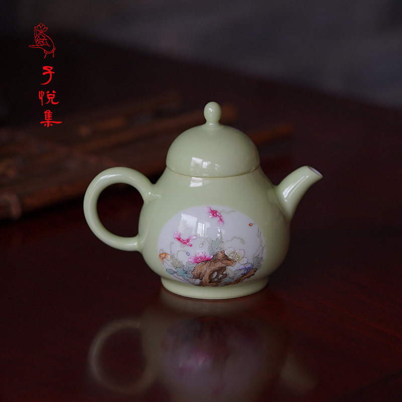 子悦集 梅子青釉上粉彩手绘兰花梨式壶青拙景德镇瓷器茶道具