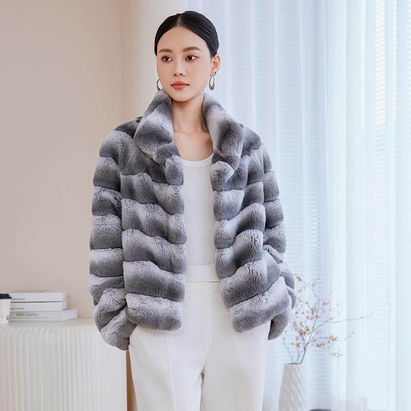 进口雷克萨獭兔毛皮草外套女2024秋冬新品气质名媛龙猫纹时尚大衣