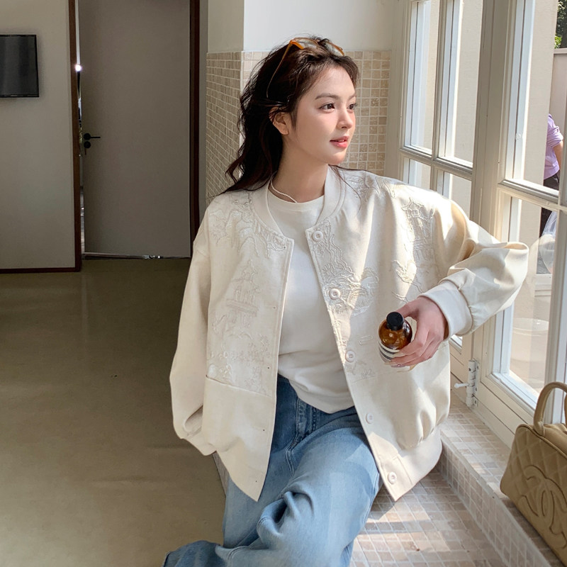 现货重工刺绣棒球服杏色092-2510-P155控228,女装短外套,浙宝092