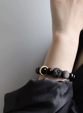 中性风霸气黑曜石醒狮手链转运珠手工高级感手串女潮新中式手串